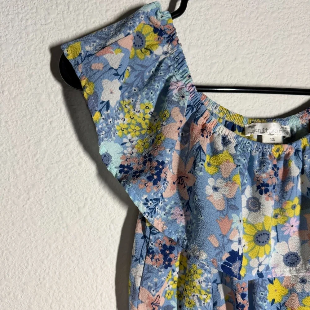Knit Works Romper Girls 12 Blue Floral Ruffle Smocked Off The Shoulder One Piece